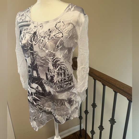 Mycra Paris Eiffel Tower Paris Graphic Crinkle Tunic Top Women’s Size Small - Picture 3 of 5